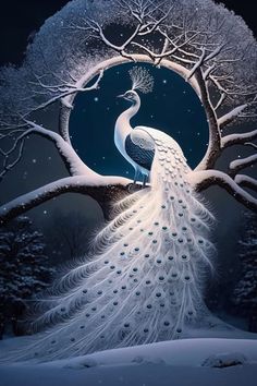 a painting of a peacock in the snow