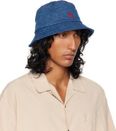 Denim bucket hat in blue. · Logo embroidered at face · Quilted brim · Cotton poplin lining · Contrast stitching in tan Supplier color: Used blue Paris Blue, Denim Bucket Hat, Paris Blues, Ami Paris, Blue Logo, Contrast Stitch, Logo Embroidered, Cotton Poplin, Bucket Hat