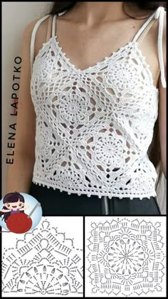 a woman wearing a white top with lacy crochet on it and an image of the