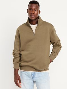 mock neck long sleeves on-seam pockets rib-knit trim pull-over style oversized fit hits below waist model is approx.  6'1" and wears size mmachine wash according to the care instruction label Men’s Style Winter, Sweatshirt Outfit Men, Holiday Gifts For Men, Brown Sweatshirt, Fleece Quarter Zip, Old Navy Men, Fall Inspo, Sweatshirt Outfit, Half Zip Sweaters