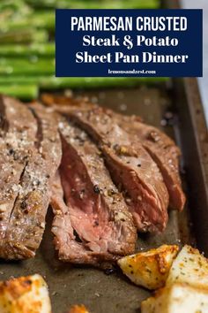 steak and potato sheet pan dinner with parmesan crusted steak and potatoes on the side