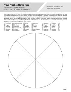 Learning to recognize and cope with overwhelming emotions is an ongoing process. Learning emotional regulation can help you identify what is making you feel a certain way, how your body feels as it responds to emotions, and what can be done in the moment to help you regulate your emotions. This Art Therapy Emotion Wheel Worksheet will help you learn to process emotions, identify triggers, and learn ways to cope with your emotions.  Our Art Therapy Emotion Wheel Worksheet (Editable, Fillable, Printable) is perfect for counselors, psychologists, psychiatrists, social workers, therapists, and other mental health professionals.  This Art Therapy Emotion Wheel Worksheet PDF can be downloaded and used with all your clients, giving them the ability to fill it out on a digital device and print it Emotions Art Therapy, Emotions Wheel Printable, Emotion Activities, Activity Therapy, Social Work Activities, Wheel Of Emotions, Identify Triggers, Existential Therapy, Couples Therapy Worksheets