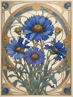 an art nouveau painting of blue flowers in a gold frame