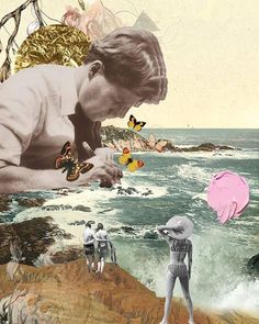 a collage of people standing on rocks near the ocean with butterflies flying over them