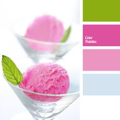 two glasses filled with ice cream and one has a green leaf on the top, while the other is pink