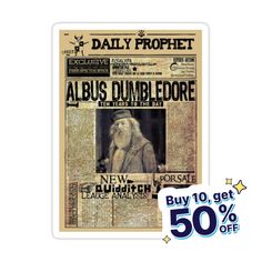 an old newspaper ad with the image of albus dumbledore on it and 50 %