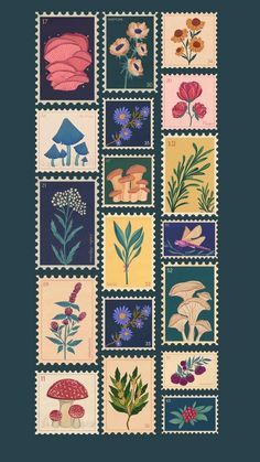 stamps with flowers and mushrooms on them, all printed in different colors to match the theme