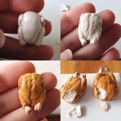 there are four pictures of small food items in the hand, including cookies and marshmallows