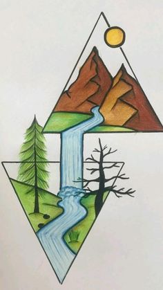 a drawing of a mountain river and trees