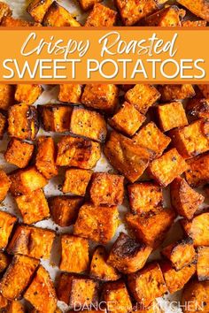 cubed sweet potatoes on a sheet pan Fall Side Dish Recipes, Roasted Sweet Potato Cubes, Sweet Potato Recipes Healthy, Side Orders, Cubed Sweet Potatoes