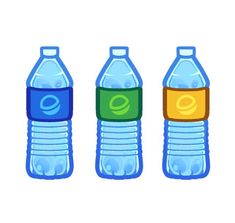 three water bottles with different colors on them