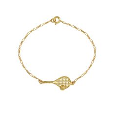 a tennis racquet bracelet on a white background with the word love spelled in gold