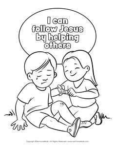 two children sitting on the ground with an empty thought bubble above them that says i can follow jesus by helping others