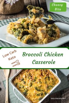 broccoli chicken casserole on a white plate with a fork in it