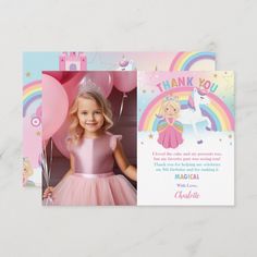 Blonde Princess Rainbow Unicorn Birthday Photo Thank You Card Blonde Princess, Rainbow Unicorn Birthday, Photo Thank You Cards, Princess Birthday Party, Birthday Photo, Rainbow Unicorn, Happy Cat, Princess Birthday, Unicorn Party