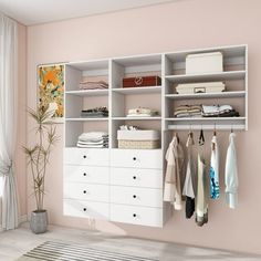 a white closet with drawers and clothes hanging on the wall next to a potted plant