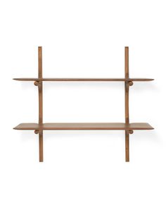 a wooden shelf with three shelves on it