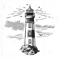 a black and white drawing of a lighthouse on top of a hill with clouds in the background