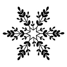 a black and white snowflake with leaves on the top, in front of a white background