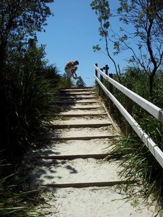 a man riding a skateboard down the side of a set of stairs in front of trees