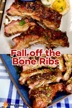 the cover of fall off the bone ribs cookbook is shown on a blue and white checkered tablecloth