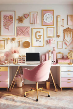 a pink chair sits in front of a desk with lots of pictures on the wall