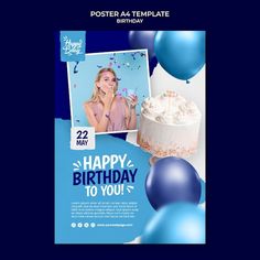 a blue birthday poster with balloons and a woman blowing out the candles on her cake