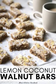 lemon coconut walnut bars with coffee in the background