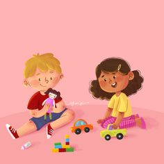 two children playing with toys on a pink background, one girl holding a doll and the other boy looking at it