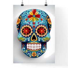 a blue sugar skull with flowers on it's head is hanging from the wall