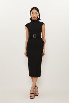 Structured Crepe Roll Neck Peplum Belted Midi Dress Black Dress Business Professional, Dresses For The Office, Business Casual Dresses For Women, Classic Kibbe, Black Dress Work, Liz Dress, Peplum Belt, 2024 Clothes, Peplum Design