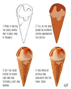 an ice cream cone with three different types of ice cream in it and the instructions below