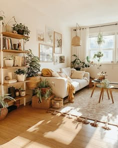 a living room filled with lots of plants next to a white couch and coffee table