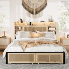 a bedroom with a bed, nightstands and shelves in it's center area