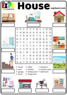 the house word search is shown in this graphic file for kids to learn how to use it