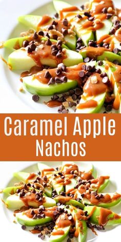 caramel apple nachos on a white plate with chocolate chips and caramel