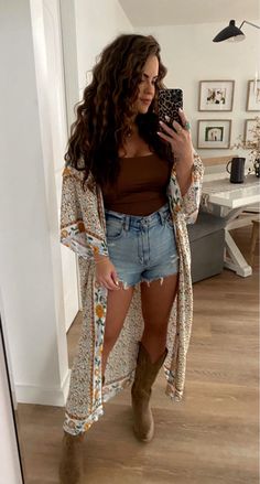 Kimono Country Concert Outfit, Country Mama Outfits, Western Outfits Women Shorts And Boots, Boho Cowboy Boots, Cowgirl Boots Outfit Curvy, Women’s Outfits For Vegas, Boho Outfit With Cowboy Boots, Styling Cowboy Boots Women Summer, Western Shorts Outfits Women