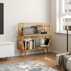 a living room with a television and bookshelf