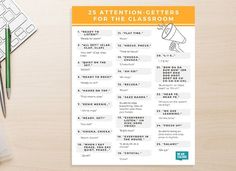 the 25 attention - getters for the classroom poster is displayed on a desk next to a pen, calculator and pencil