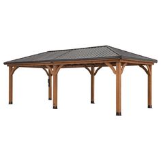 a wooden gazebo with metal roof on an isolated white background