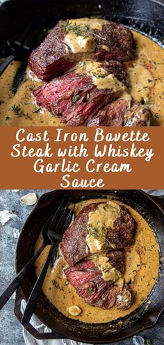 steak with whiskey garlic cream sauce in a cast iron skillet on top of a table