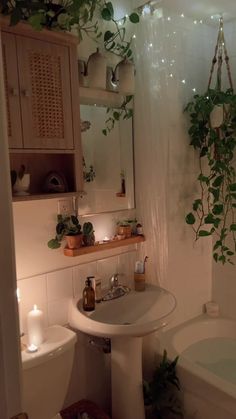 a white sink sitting under a bathroom mirror next to a bath tub filled with plants