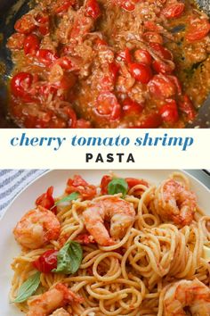 Cherry tomato sauce in pan. Shrimp pasta with cherry tomato and basil on plate. Tomato Shrimp Pasta, Pasta With Basil, Shrimp Pasta Dishes, Broccoli Pasta Salads, Pasta For Dinner, Garlic Pasta Sauce, Fresh Tomato Pasta