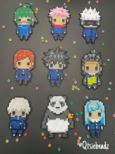 the pixel characters are made out of different types of bead and sequins