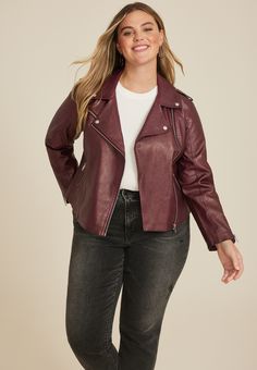 Plus Size Faux Leather Moto Jacket - Materials & Care:imported - 100% viscose - machine wash Plus Size Leather Moto Jacket, Fall Faux Leather Jacket With Asymmetrical Zip, Faux Leather Jacket With Asymmetrical Zip For Fall, Chic Faux Leather Biker Jacket For Fall, Fall Leather Jacket, Plus Size Leather, Maurices Plus Size, Faux Leather Moto Jacket, Curvy Jeans