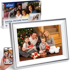 a hand holding a cell phone next to an image of a family with presents and a christmas tree