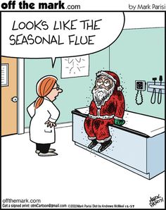 a cartoon depicting santa claus talking to a woman in the bathroom