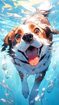 a dog swimming in the water with bubbles