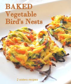 the cover of baked vegetable bird's nests is shown on a white plate