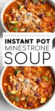 two bowls of instant pot minestone soup with text overlay that reads instant pot minestone soup